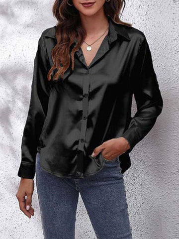 Satin Imitation Silk Button-Up Blouse - Loose Fit with Long Sleeves