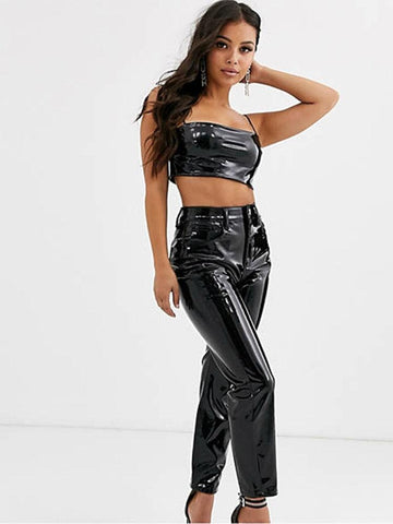 High-Waisted Patent Leather Pencil Pants - Faux PVC Material with Slim Bodycon Fit for Ladies Nightclub Wear