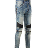 Ripped Patchwork Biker Jeans with Slim Fit and Zippers Detailing - Alt Style Clothing