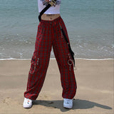 Plaid Cargo Pants with Chain - Wide Leg Baggy Design for a Gothic and Loose Fit Look - Alt Style Clothing