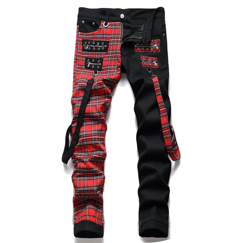 Plaid Patchwork Punk Zipper Pencil Jeans - Alt Style Clothing
