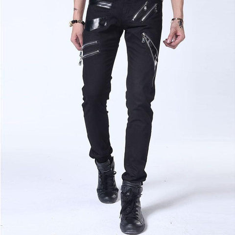 Punk Gothic Stage Performance Jeans with Chain Patchwork - Multi-Zipper Party Pants