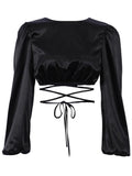 Lace Up Backless Crop Top Long Sleeve Wrap Elegant Satin O-Neck Top - Alt Style Clothing