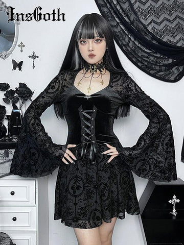 InsGoth Gothic Long Sleeve Ruffle Mini Dress - Alt Style Clothing