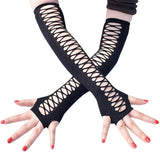Elbow Length Punk Gloves Elastic Fingerless Gloves Cutout Cross Mesh Gloves - Alt Style Clothing