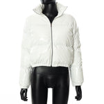 Glossy Patent Leather Padded Short Jacket with Stand-up Collar and Solid Design - Alt Style Clothing