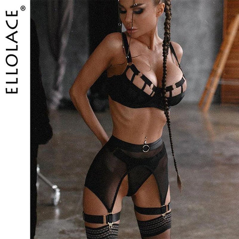 Luxury Hollow Out Exotic Set With Garters Half Cup See Through - Alt Style Clothing