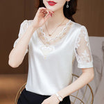 V neck Stitching Satin lace Short sleeve Flower Mesh Top - Alt Style Clothing