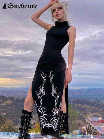 Unleash Your Dark Side with Our Gothic Print Midi Dress with Turtleneck Long Dress - Alt Style Clothing