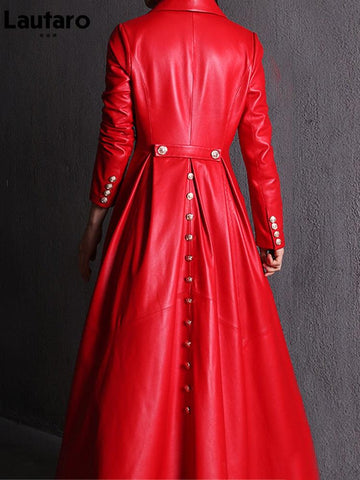 Long Skirted Faux Leather Trench Coat with Double Breasted Design for Women - Elegant and Luxurious