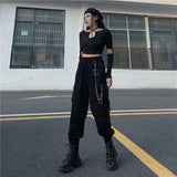 Gothic Black Chain Cargo Pants - Oversize Harem Style