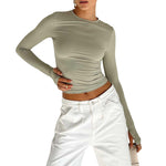 Slim Fit Long Sleeve Crop Top - Crew Neck with Thumb Holes and Solid Color - Alt Style Clothing