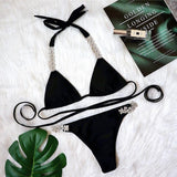 Snake Print Crystal Split Bikini Set with Thongs - Alt Style Clothing