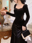 Elevate Your Style with Our Gothic Vintage Black Long Sleeve Elegant Velvet Midi Dress