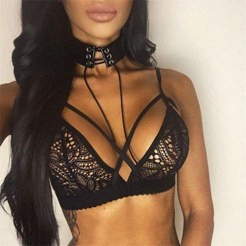 Sexy Cross Bandage Crop Tank Top Floral Sheer Lace Bra - Alt Style Clothing