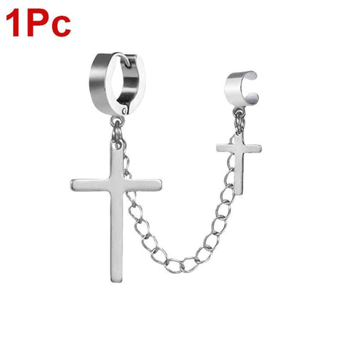 Gothic Cross Tassel Integrated Clip Stud Earring WIth Metal Chain - Alt Style Clothing