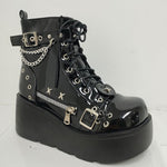GIGIFOX Platform Gothic Ankle Combat Boots: Rivet Chain Wedges, Buckle, and Zip Closure - Alt Style Clothing