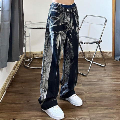 Baggy Jeans Women Tie Dye Washed Straight Wide Leg Pants High Waist - Alt Style Clothing