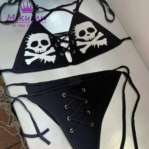 Gothic Punk Skull Print Bikini Suit