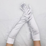 Elegant Elastic Full Finger Long Silk Satin Gloves with Feather Cuff for Dance and Parties - Alt Style Clothing
