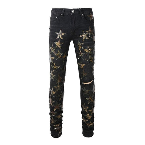 High Quality Slim Fit Stretch Jeans with Distressed Embroidered Leather Stars Patchwork - Alt Style Clothing