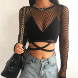 Gothic Long Sleeve Fishnet Top - Hollow See-Through Mesh - Alt Style Clothing
