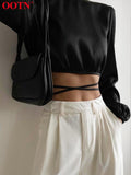 Lace Up Backless Crop Top Long Sleeve Wrap Elegant Satin O-Neck Top - Alt Style Clothing