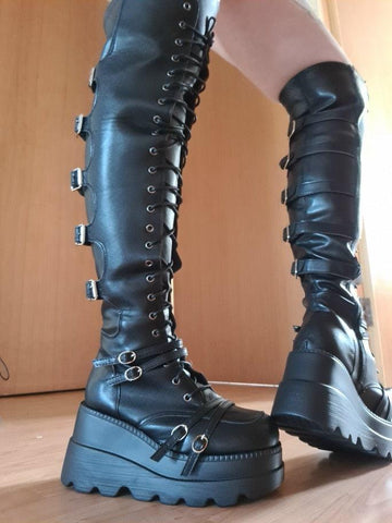 Motorcycles Boots Buckles Platform Wedges High Heels - Alt Style Clothing