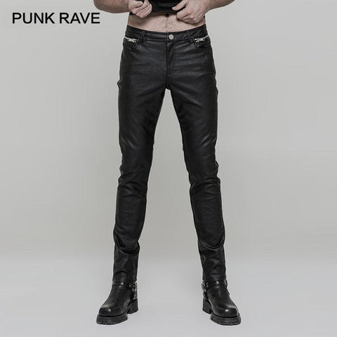 PUNK RAVE Men Heavy Metal Punk Rock Straight Leg Men Slim Leather Pants - Alt Style Clothing