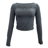 Square Neck Long Sleeve Crop Top - Solid Color with Slim Fit - Alt Style Clothing