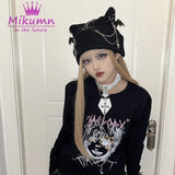 Black Knitted Beanie Hat - Gothic Grunge Style with Cat Ears, Bat Wings, Punk Cross and Chain Details