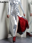 Silver Reflective PU Leather Trench Coat with Hood, Extra Long