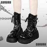 GIGIFOX Platform Gothic Ankle Combat Boots: Rivet Chain Wedges, Buckle, and Zip Closure - Alt Style Clothing