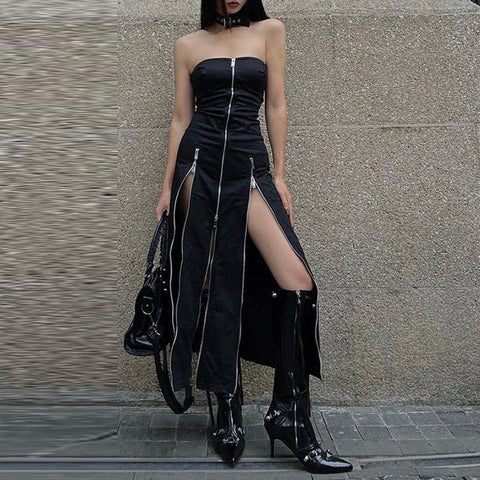 Goth Dark Techwear Zip Up Midi Split Tube Dress - Alt Style Clothing