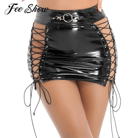 Hollow Out Lace-up Mini Skirt Gothic Clubwear Wet Look Patent Leather Skirt - Alt Style Clothing