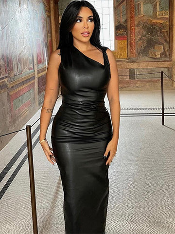 Sexy Artificial Leather Solid Shoulder Long Dress - Alt Style Clothing