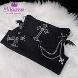 Black Knitted Beanie Hat - Gothic Grunge Style with Cat Ears, Bat Wings, Punk Cross and Chain Details