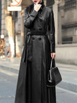 Maxi Leather Trench Coat Double Breasted Long Sleeve with Skirted Design for Elegant and Luxurious Women - Alt Style Clothing