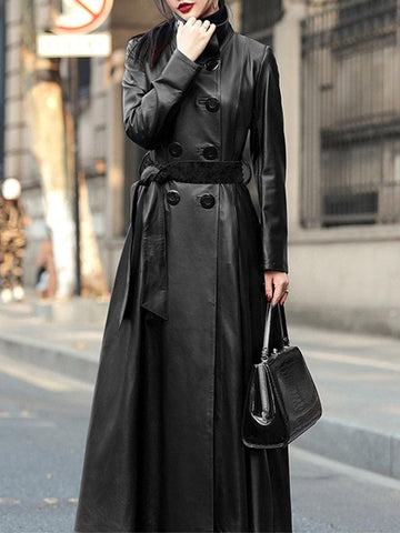 Maxi Leather Trench Coat Double Breasted Long Sleeve with Skirted Design for Elegant and Luxurious Women - Alt Style Clothing