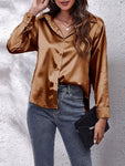 Satin Imitation Silk Button-Up Blouse - Loose Fit with Long Sleeves - Alt Style Clothing