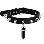 Crystal Choker Necklace Black Leather Spiked Chocker Collar - Alt Style Clothing