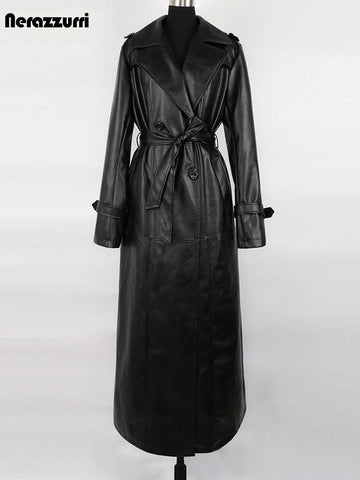 Extra Long Black PU Leather Trench Coat Waterproof - Alt Style Clothing