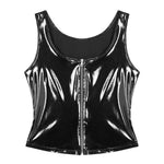 Glossy Wet Look Patent Leather Tank Top - Sleeveless Slim Fit Clubwear with Zipper