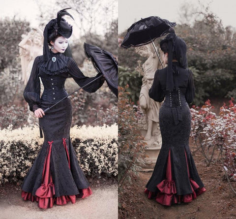 Gothic Academy Mermaid Vintage Long Sleeve Lace-up Corset Evening Gown - Alt Style Clothing