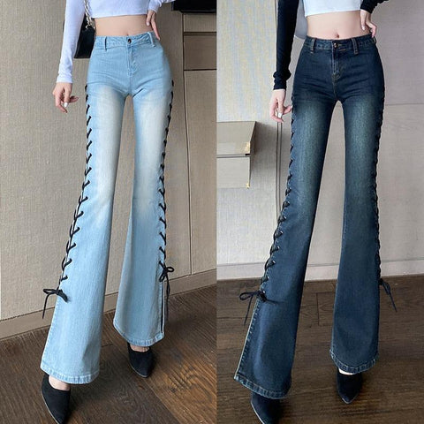 Big Flare Side Bandage Bell Bottom Jeans - Alt Style Clothing