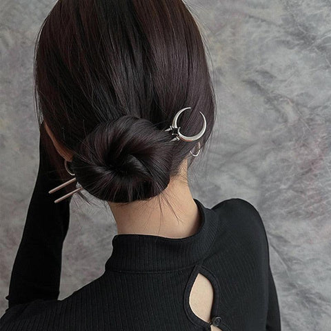 Crescent Moon Black Stones Hairpin U-Shaped Elegant Hair Stick for DIY Hairstyles