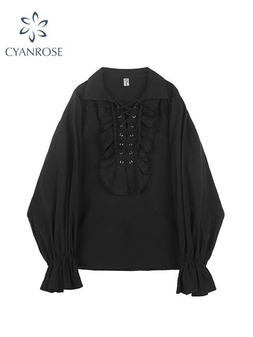 Vintage Gothic Oversize Blouse - Flare Sleeves with Ruffles, V-Neck and Perfect for Club Party or Evening Wear