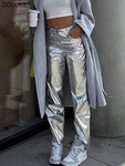 Silver Metalic Faux Leather Pants High Waist Long Night Club Wear - Alt Style Clothing