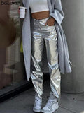 Silver Metalic Faux Leather Pants High Waist Long Night Club Wear - Alt Style Clothing