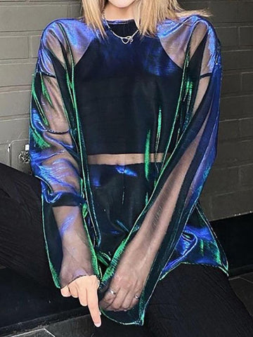 Solid See Through O-Neck Long Sleeve Oversized Top - Alt Style Clothing